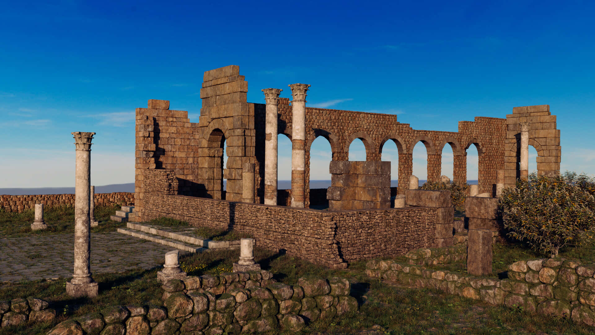 Volubilis, blue skies, ancient stone ruins, Full HD Desktop Wallpaper