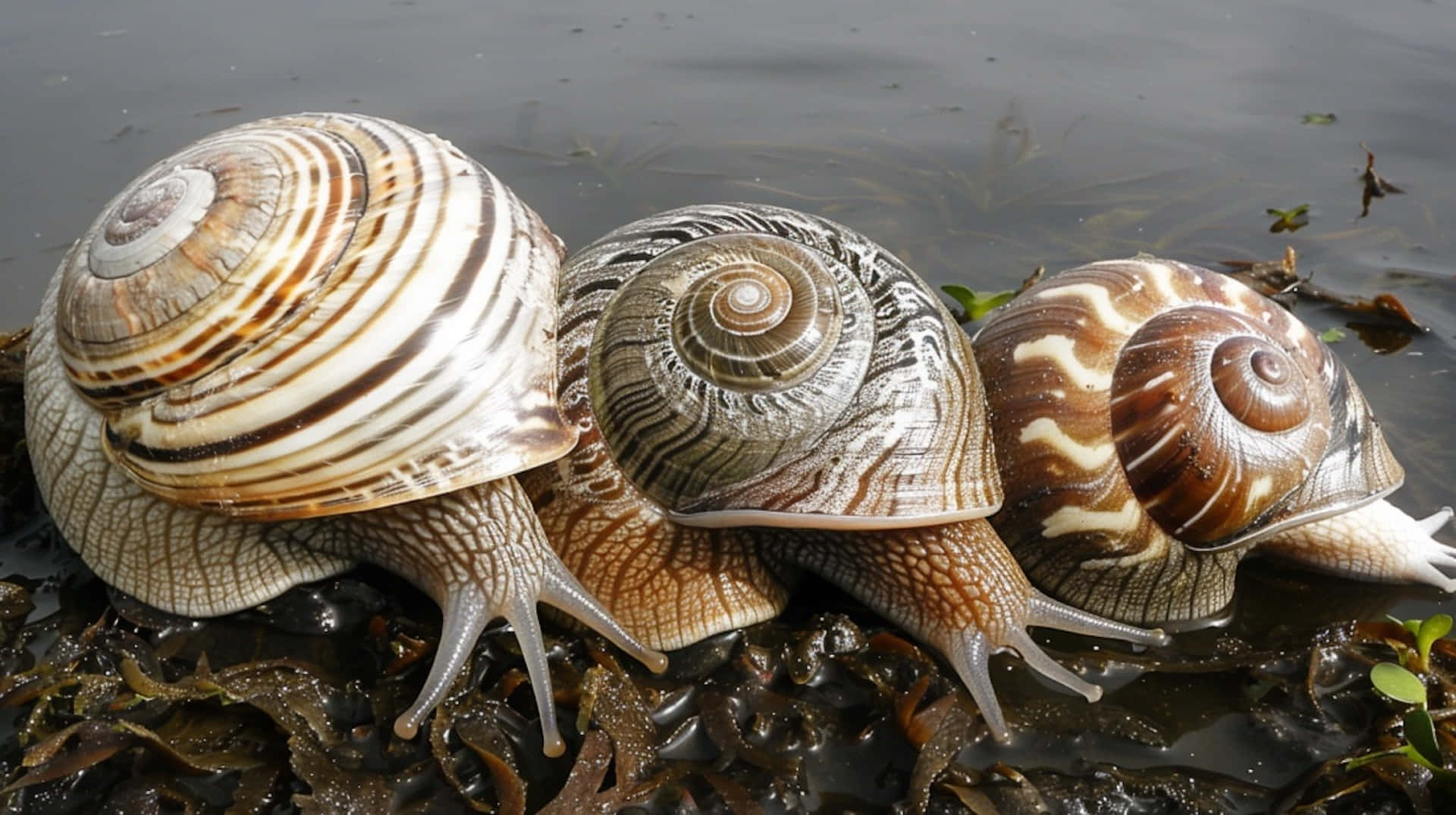three volute snails, waterside, intricate striped shells, Full HD Desktop Wallpaper