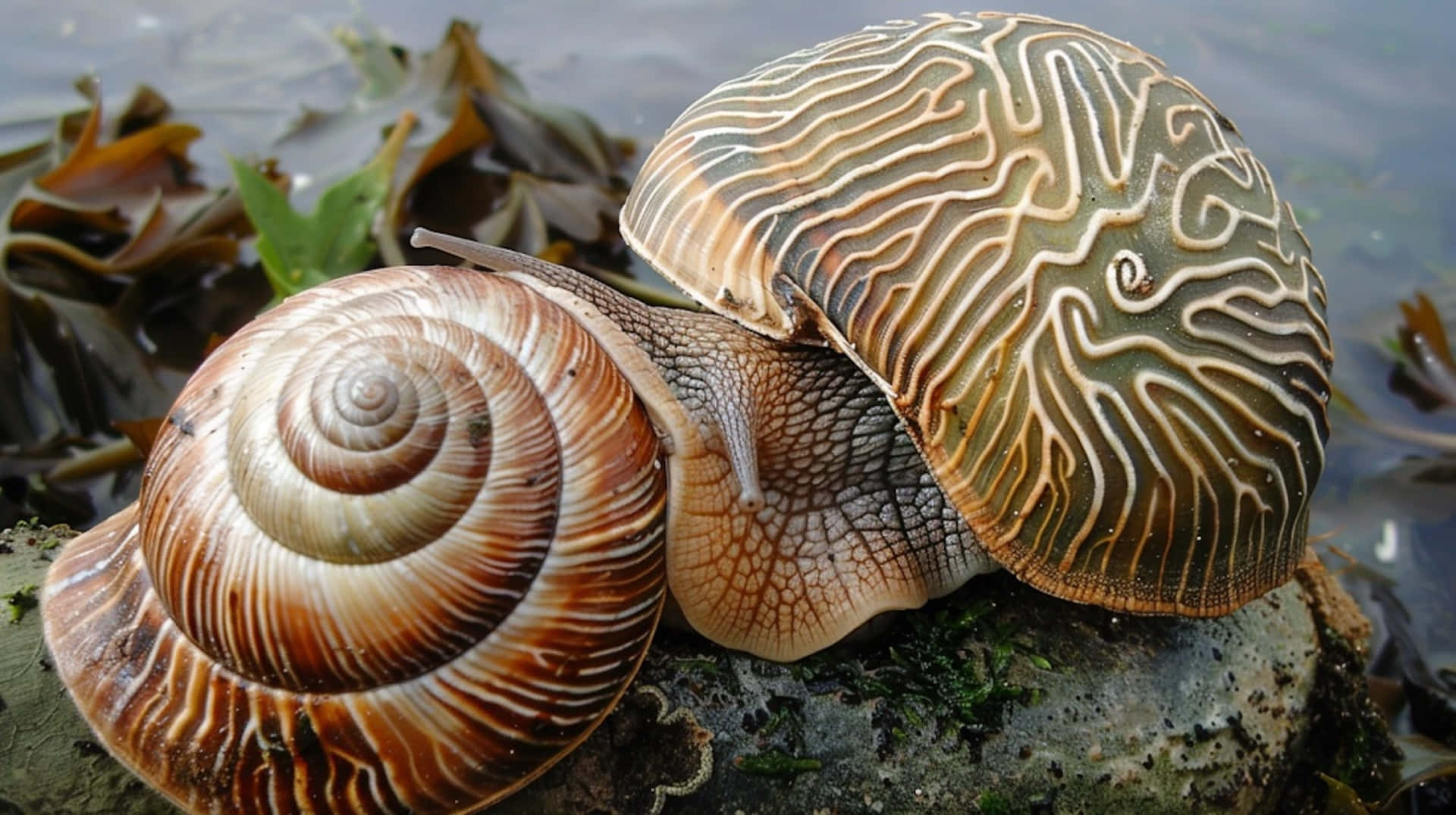 volute snails, mossy rock, seaweed, Full HD Desktop Wallpaper