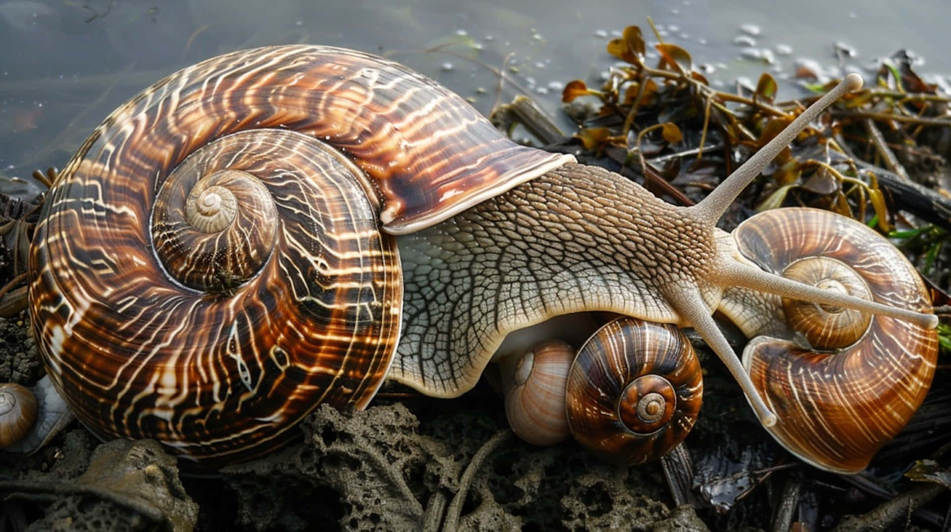 Volute Snail, spiraled brown and white shell, wet rocks, Full HD Desktop Wallpaper