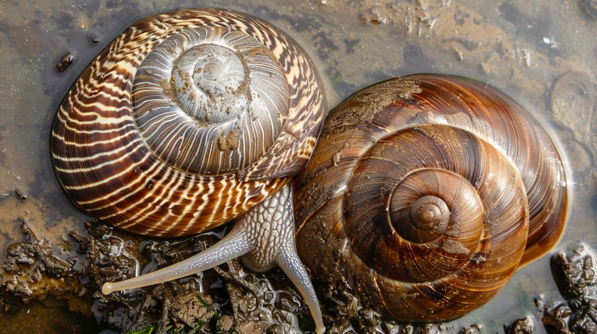 volute snails, natural habitat, brown and beige striped shells, Full HD Desktop Wallpaper