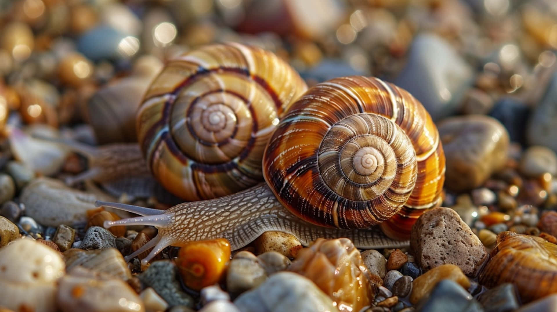 Volute Snail, pebbled shore, sunlit pebbles, Full HD Desktop Wallpaper