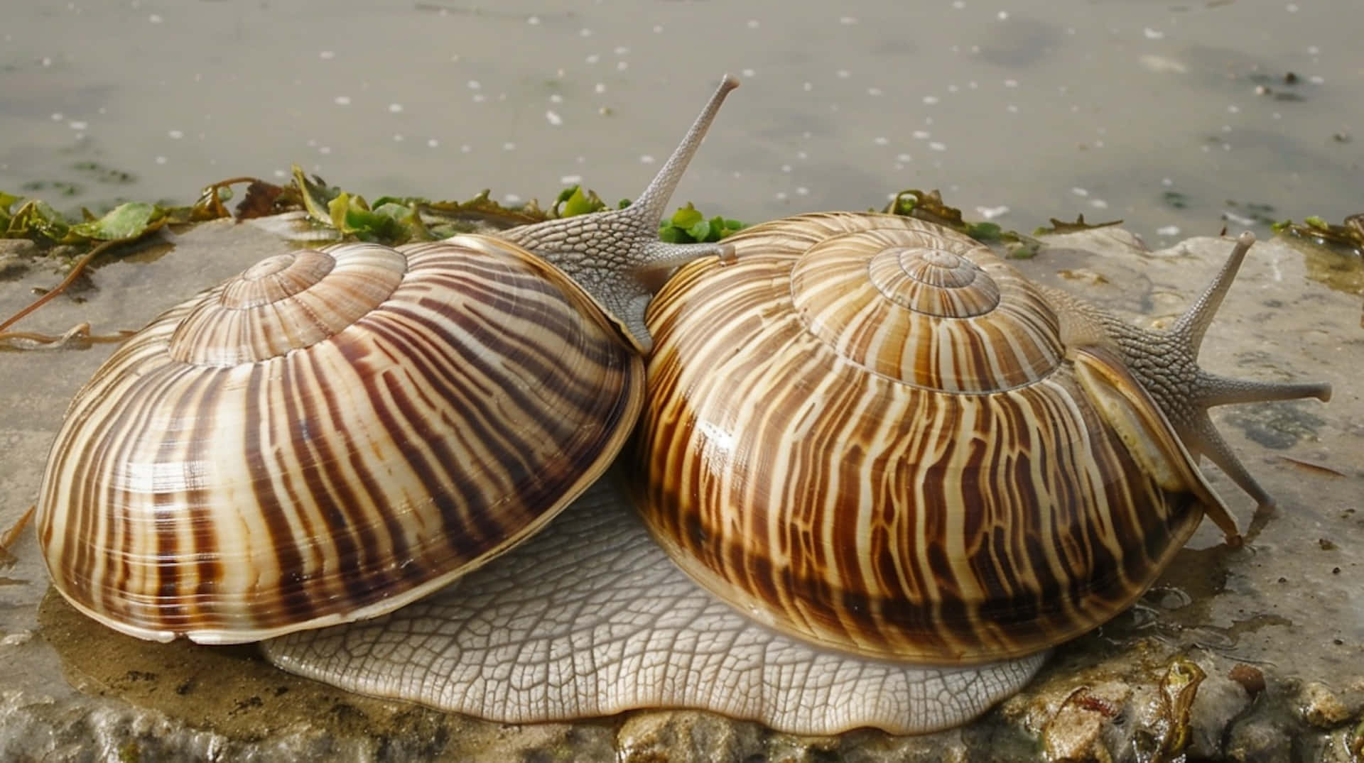Volute Snails, striped brown and cream shells, wet rocky shore, Full HD Desktop Wallpaper