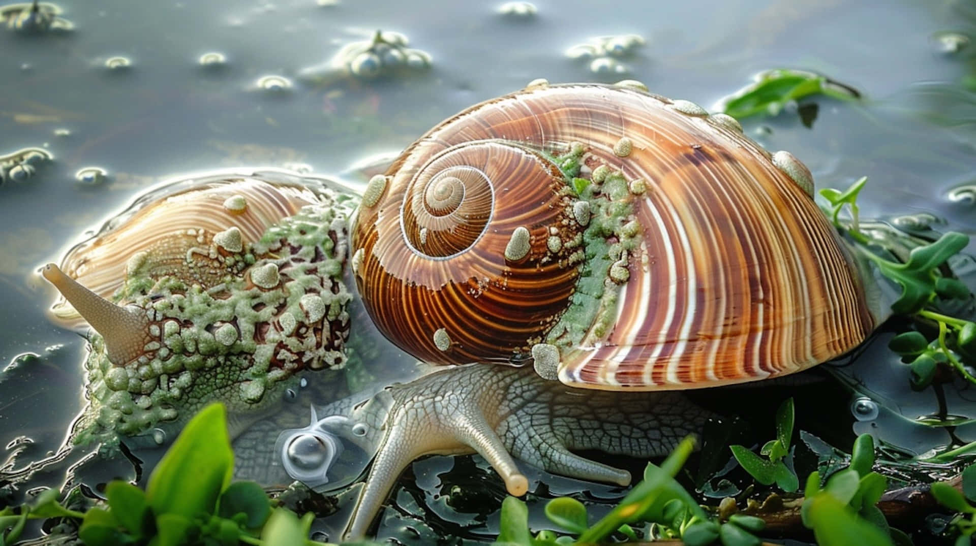 volute snails, striped brown shells, shallow water, Full HD Desktop Wallpaper