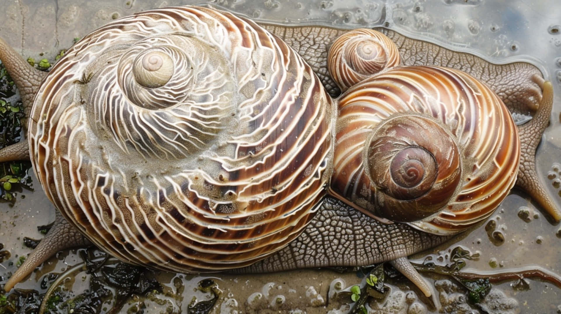 Volute Snails, natural habitat, brown and white spiral shells, Full HD Desktop Wallpaper