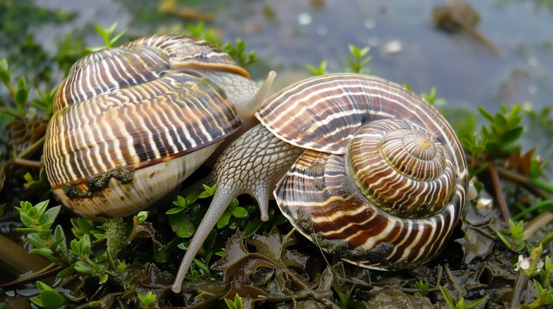 Volute Snails, natural habitat, striped snails, Full HD Desktop Wallpaper