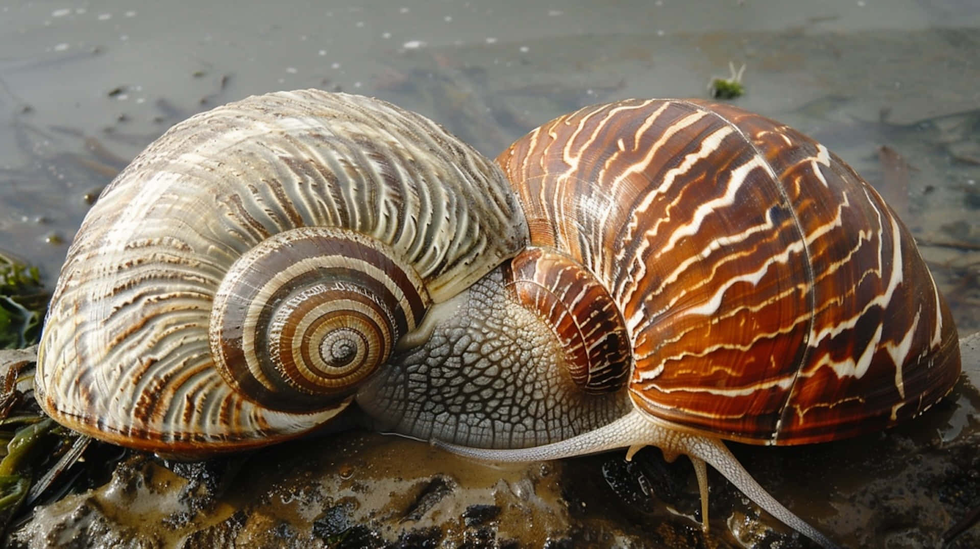 volute snails, intricate brown and white shells, wet rock, Full HD Desktop Wallpaper
