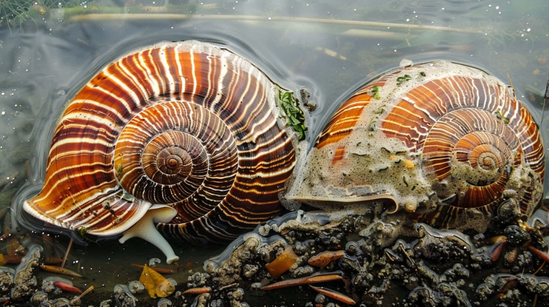 Volute Snails, orange and white striped, shallow murky water, Full HD Desktop Wallpaper