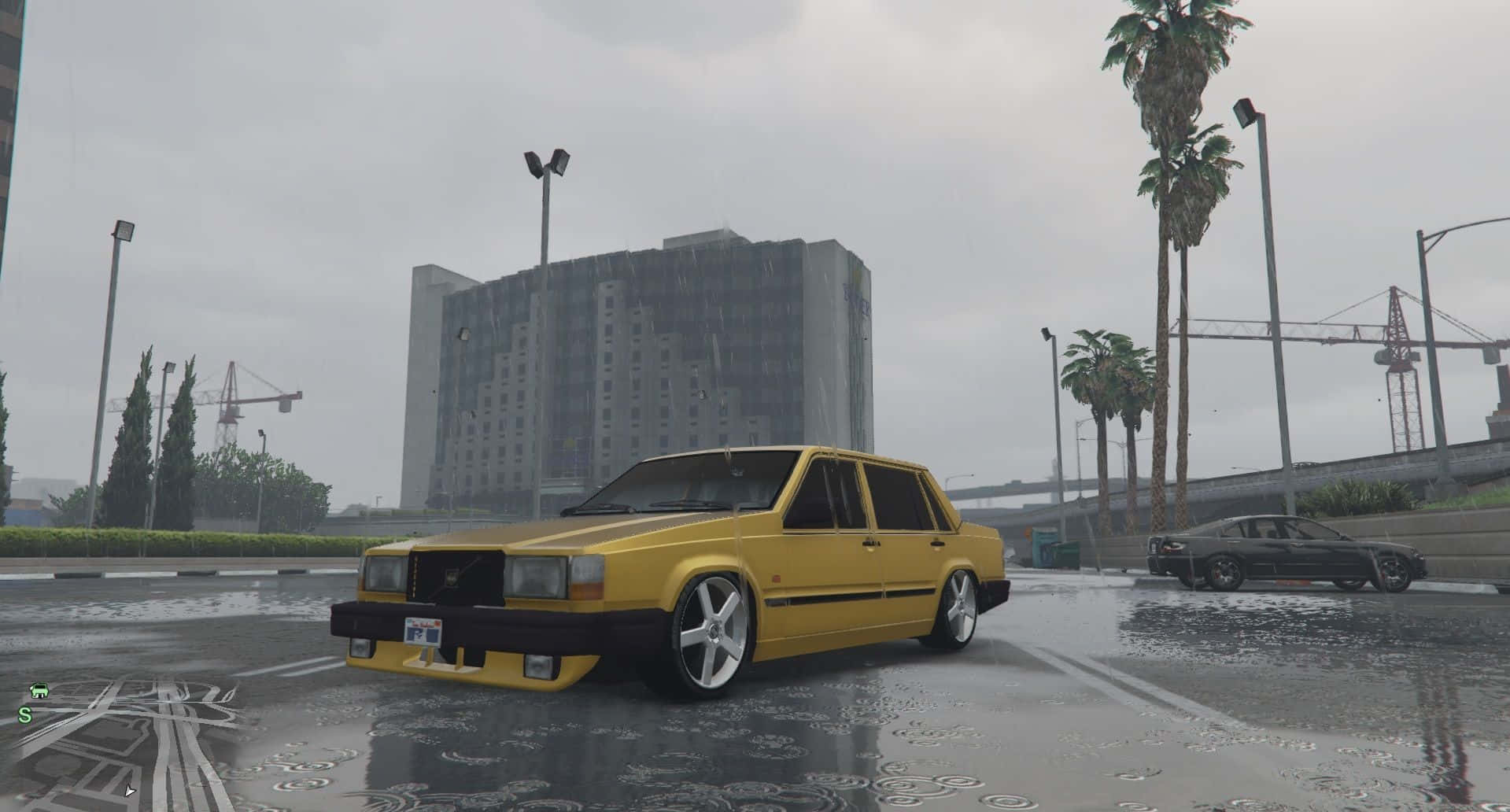 Volvo 740, yellow, wet city street, HD Desktop Wallpaper