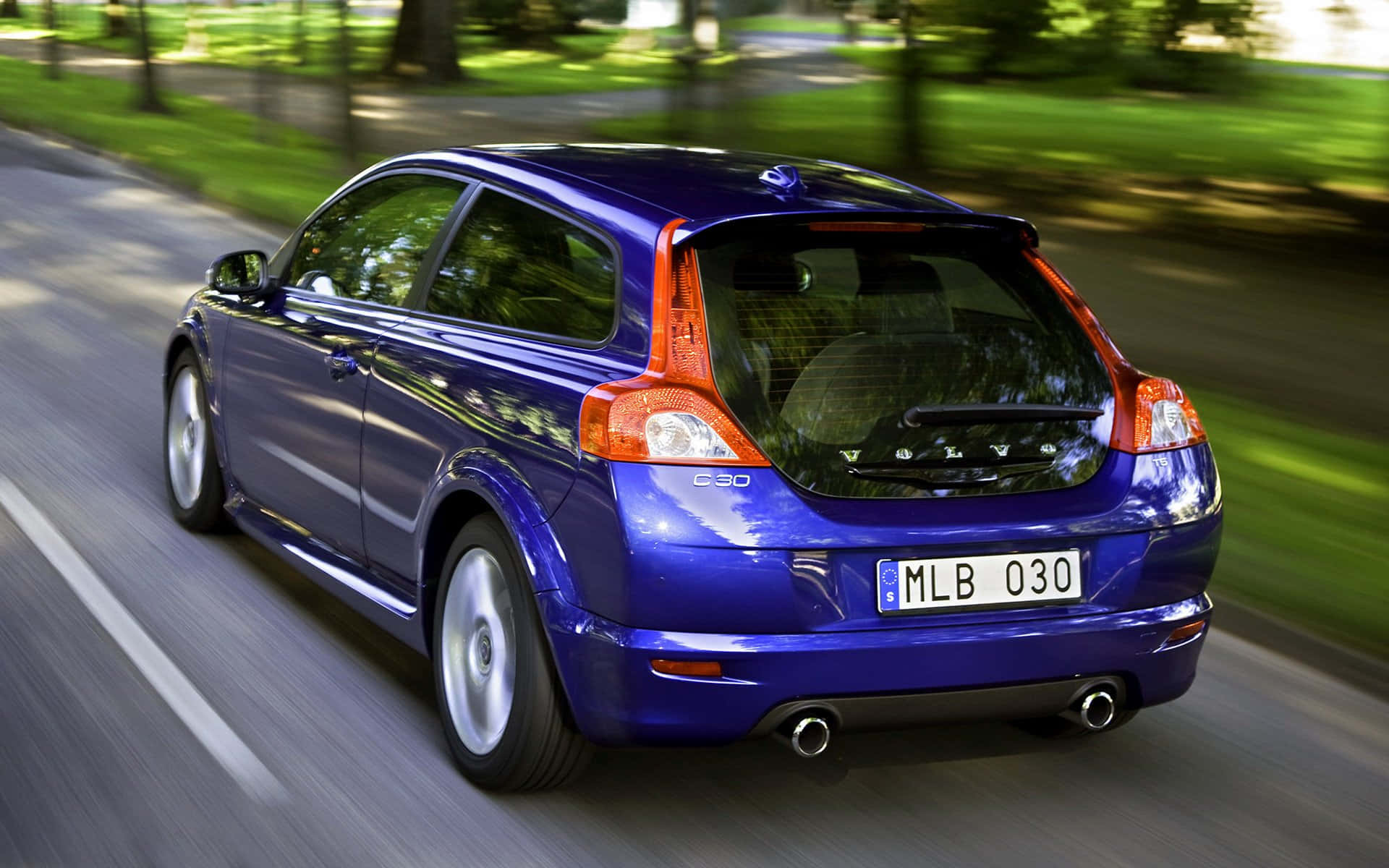 Volvo C30, vibrant blue, tree-lined road, Full HD Desktop Wallpaper