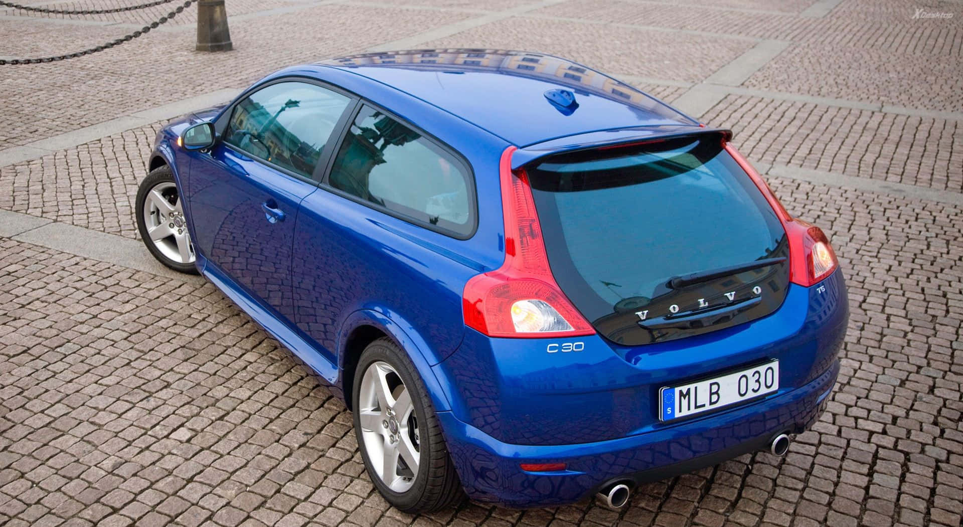 Volvo C30, glossy blue, cobblestone plaza, Full HD Desktop Wallpaper