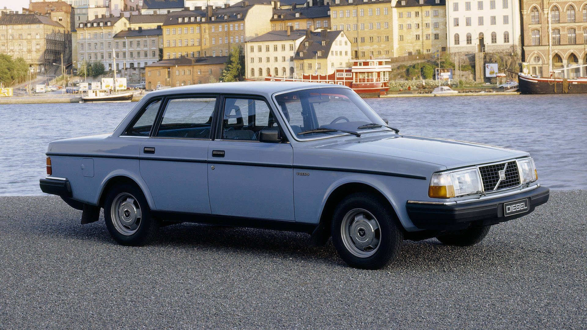 Volvo 240, diesel sedan, light blue, Full HD Desktop Wallpaper