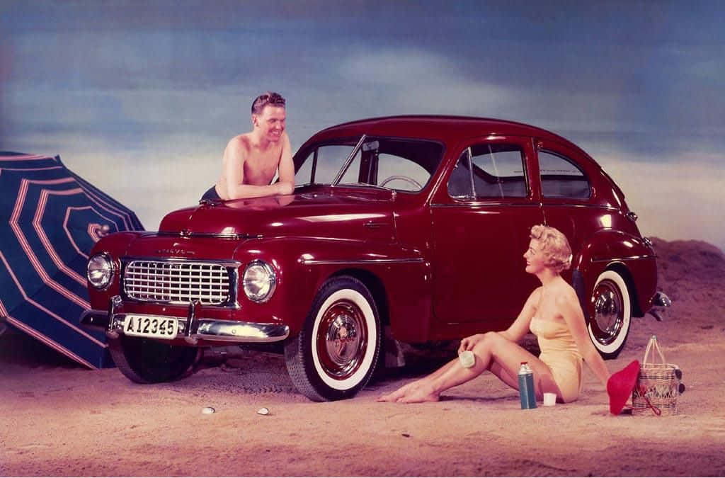 Volvo PV544, vintage red car, sandy beach, SD Desktop Wallpaper