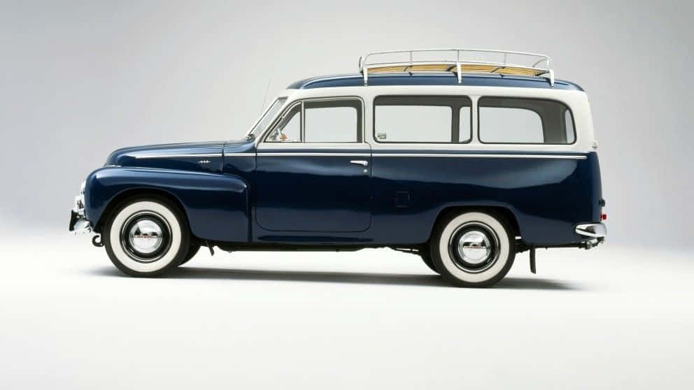 Volvo Pv544, blue and white station wagon, roof rack, SD Desktop Wallpaper