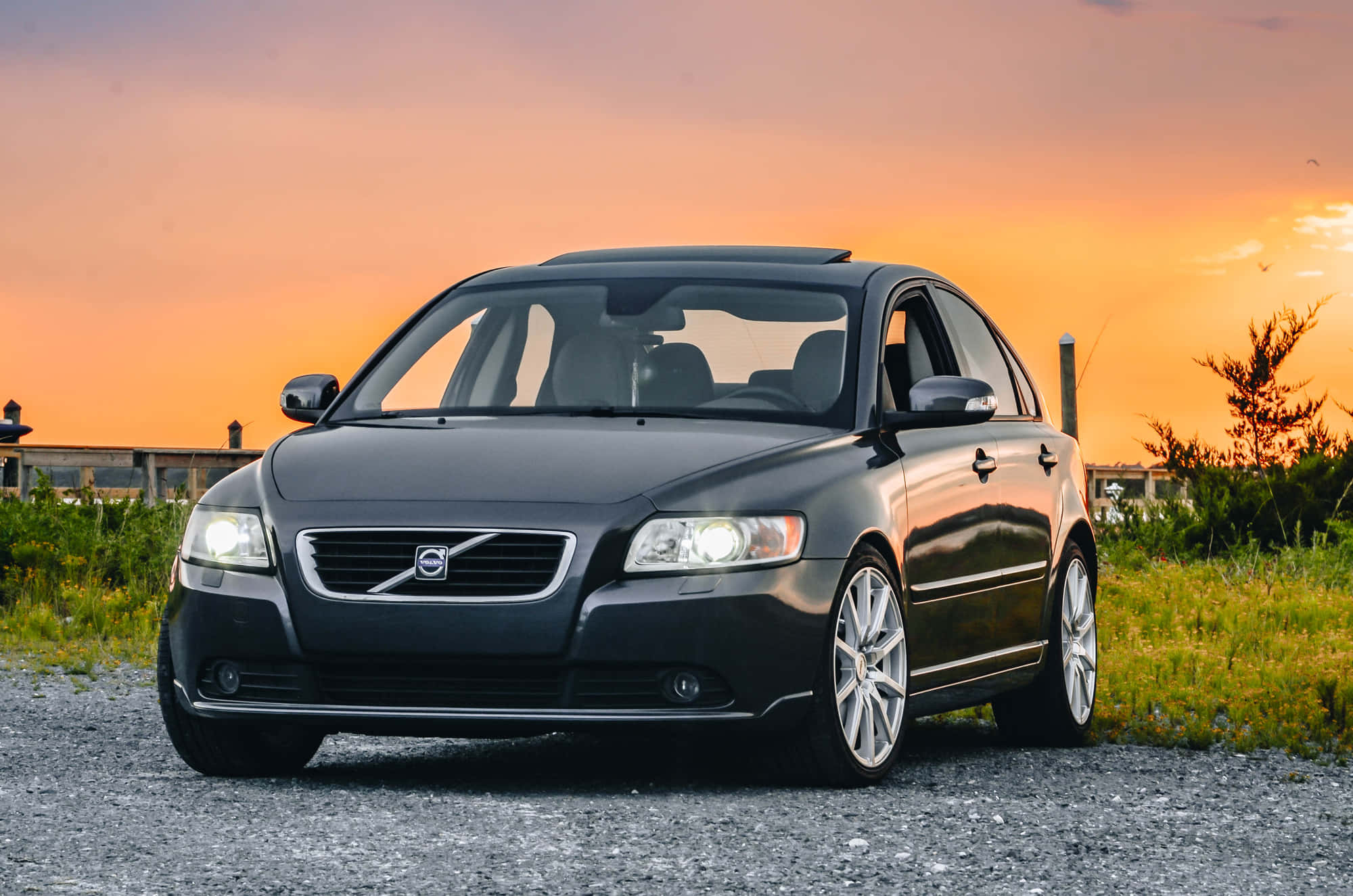 Volvo S40, black, sunset, Full HD Desktop Wallpaper