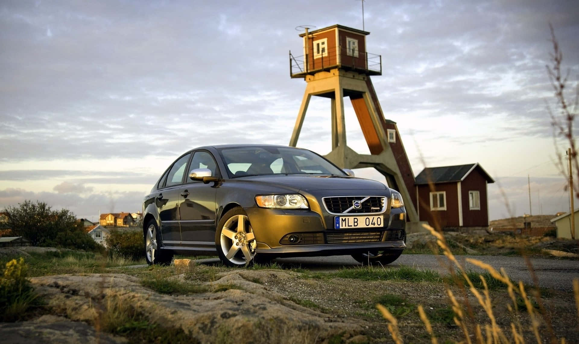 Volvo S40, dark gray, rocky roadside, Full HD Desktop Wallpaper