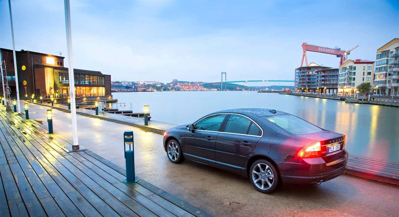 Volvo S80, dark gray, wet wooden pier, HD Desktop Wallpaper