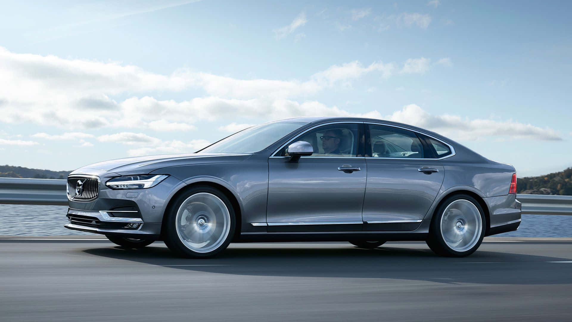 Volvo S90, sleek silver, coastal highway, Full HD Desktop Wallpaper