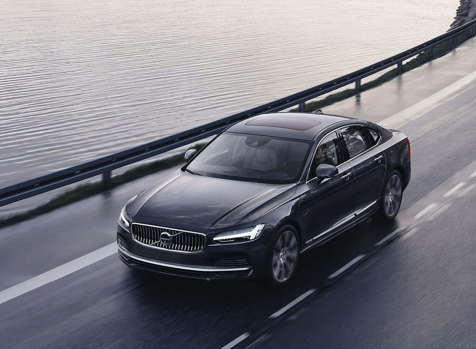 Volvo S90, black, wet highway, HD Desktop Wallpaper