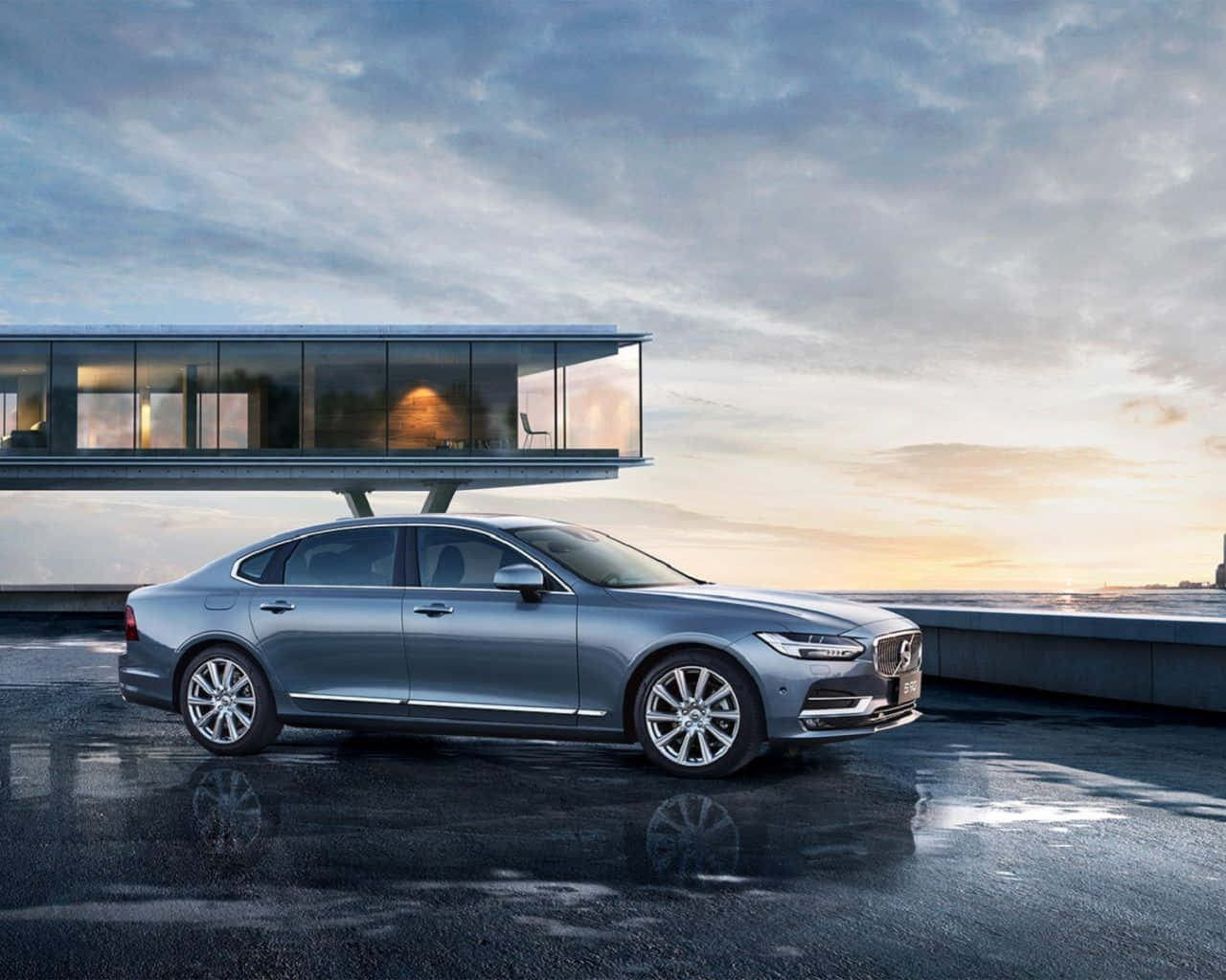 Volvo S90, sleek silver sedan, wet pavement, HD Desktop Wallpaper