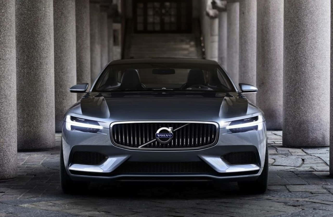 Volvo S90, silver, stone columns, HD Desktop Wallpaper