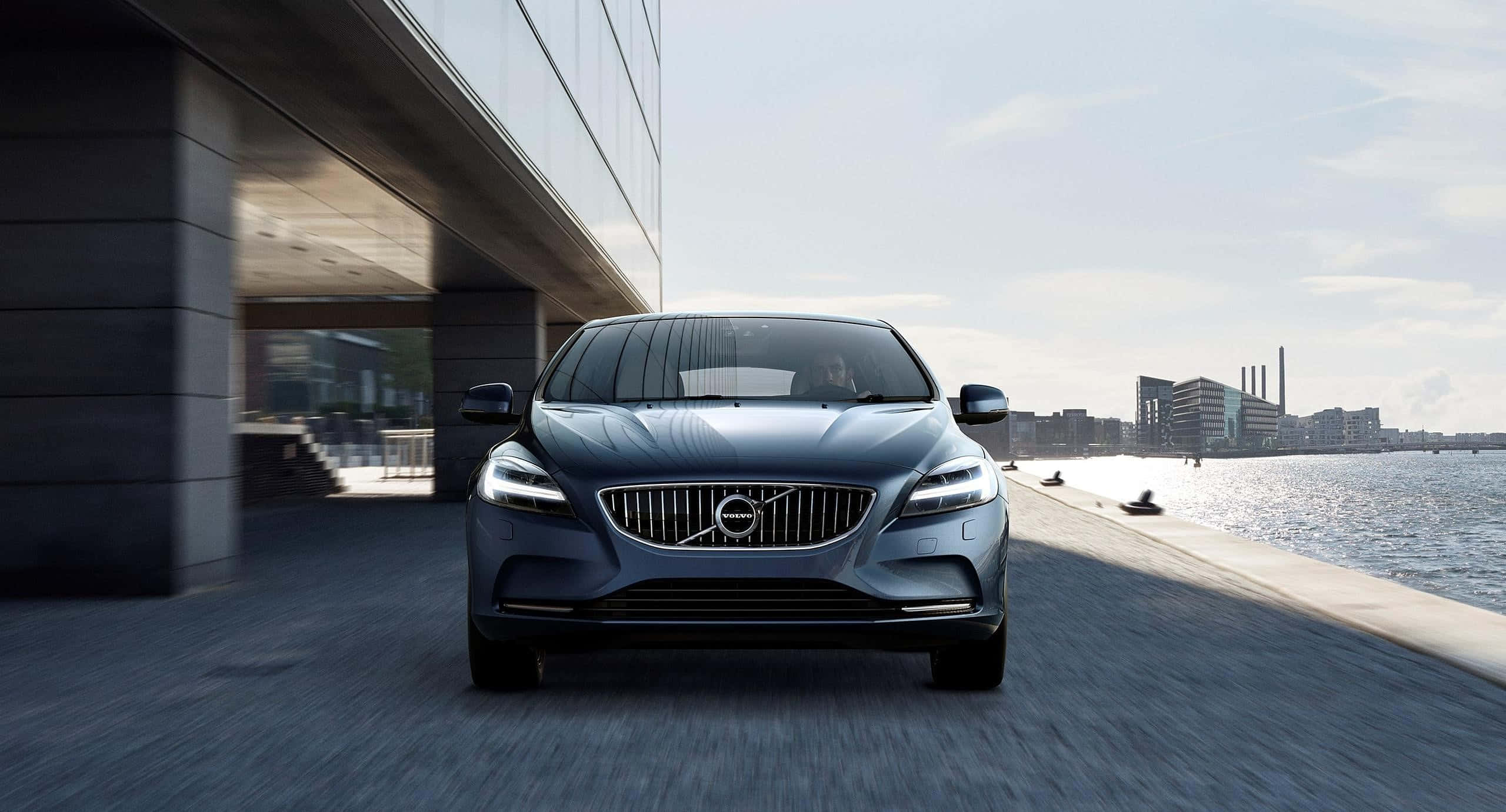 Volvo V40, blue, waterfront promenade, 2K Desktop Wallpaper