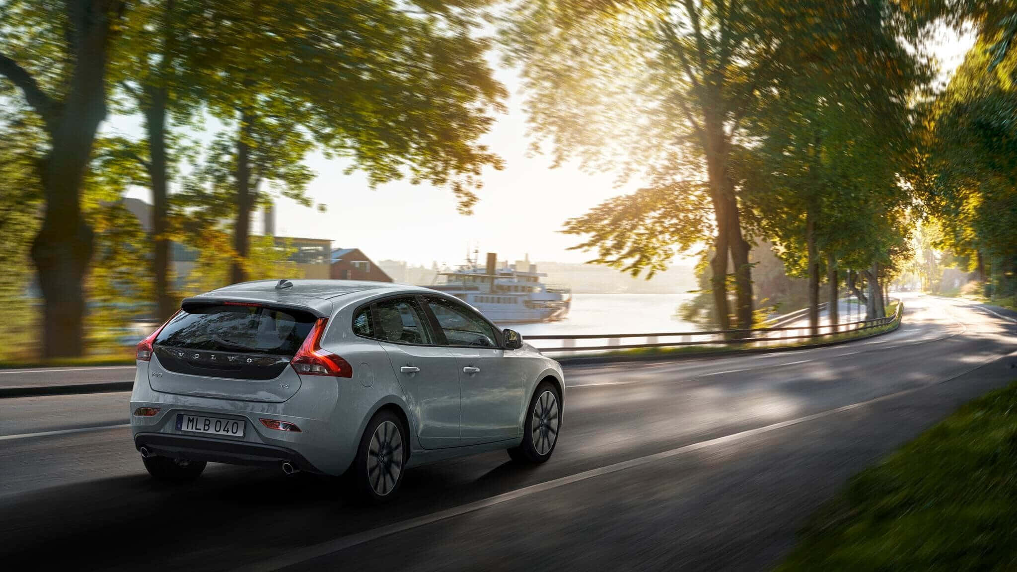 Volvo V40, silver, tree-lined road, Full HD Desktop Wallpaper