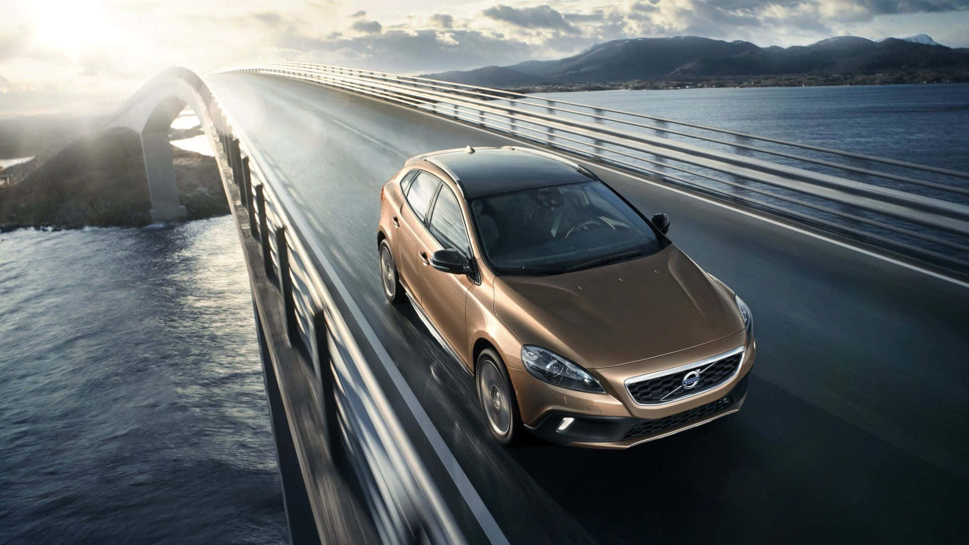 Volvo V40, gold, modern arched bridge, Full HD Desktop Wallpaper