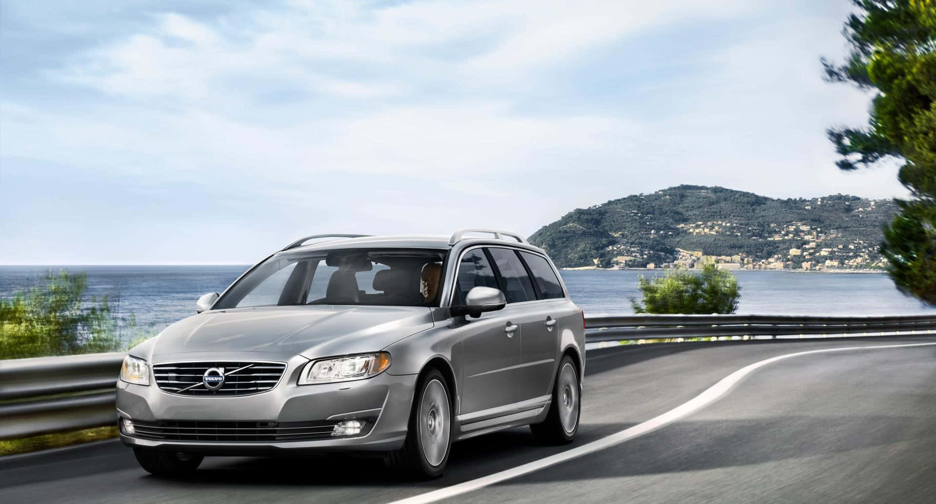 Volvo V70, silver, coastal road, Full HD Desktop Wallpaper