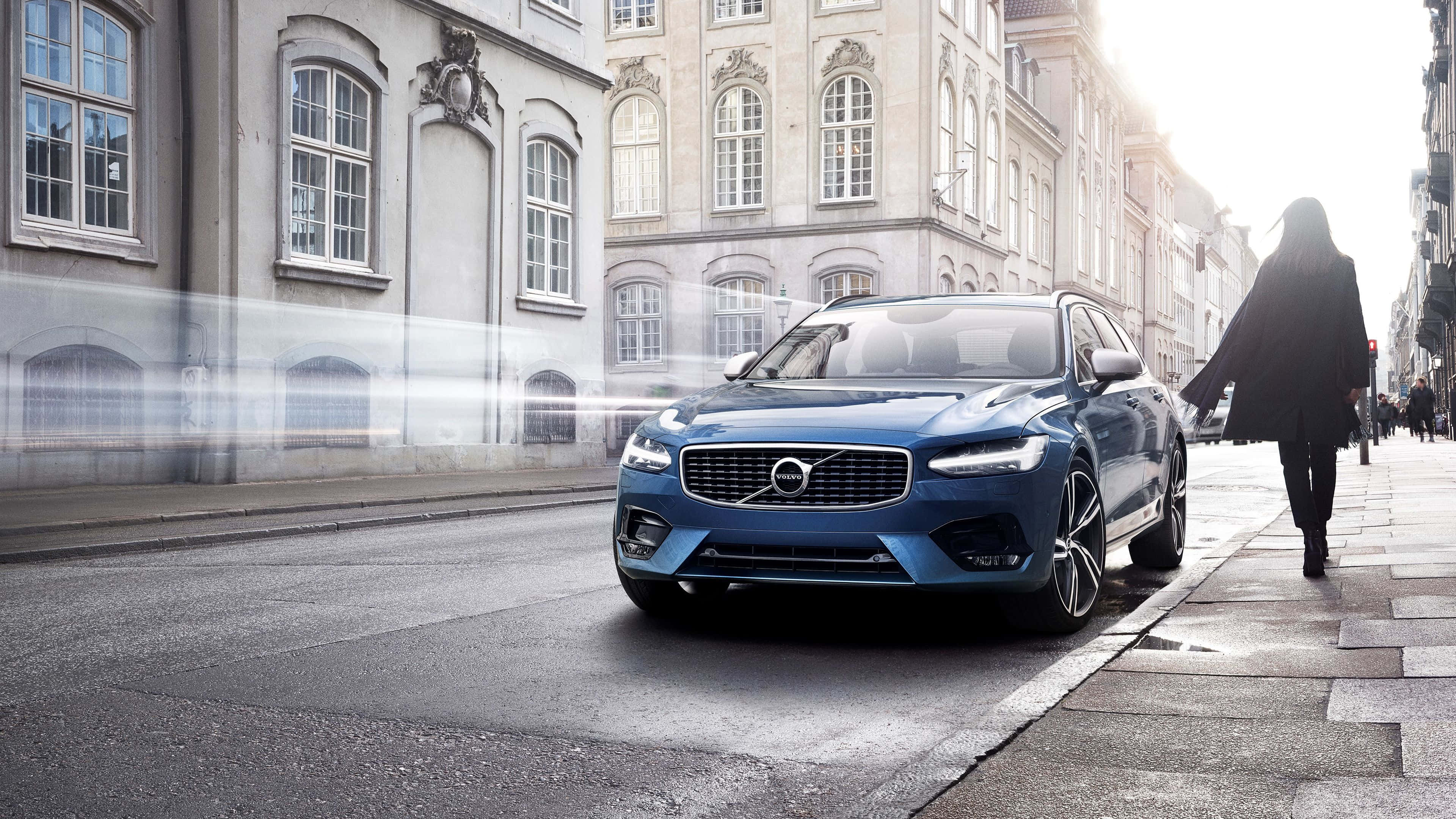 Volvo V90, blue, wet cobblestone street, 4K Desktop Wallpaper