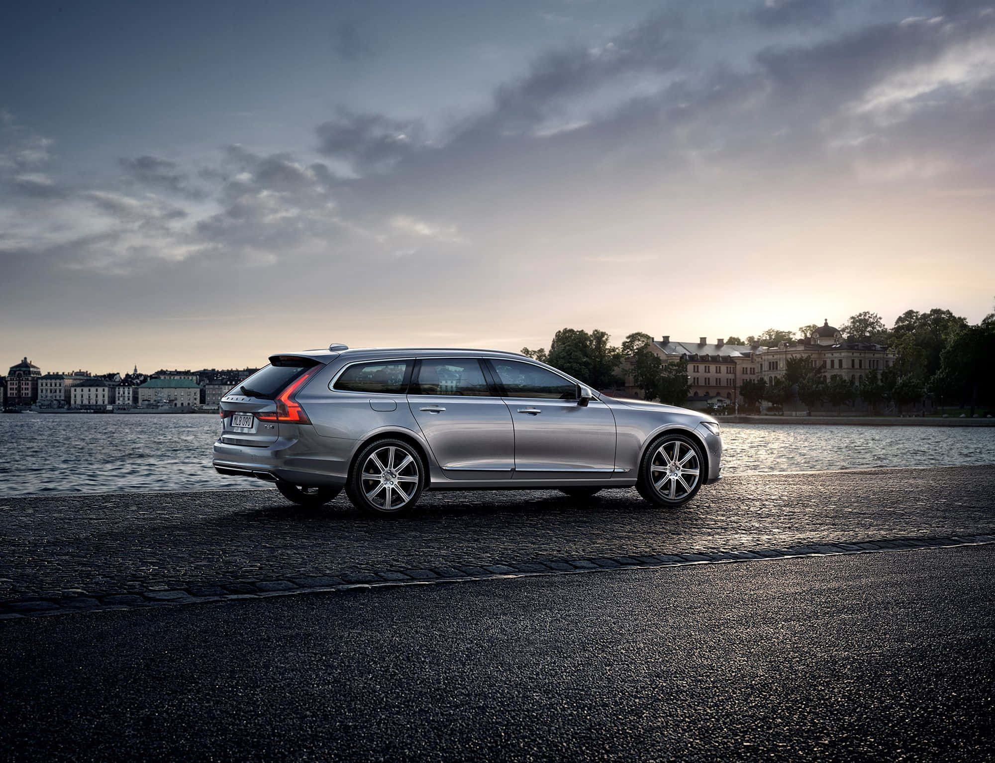 Volvo V90, silver, cobblestone waterfront, Full HD Desktop Wallpaper
