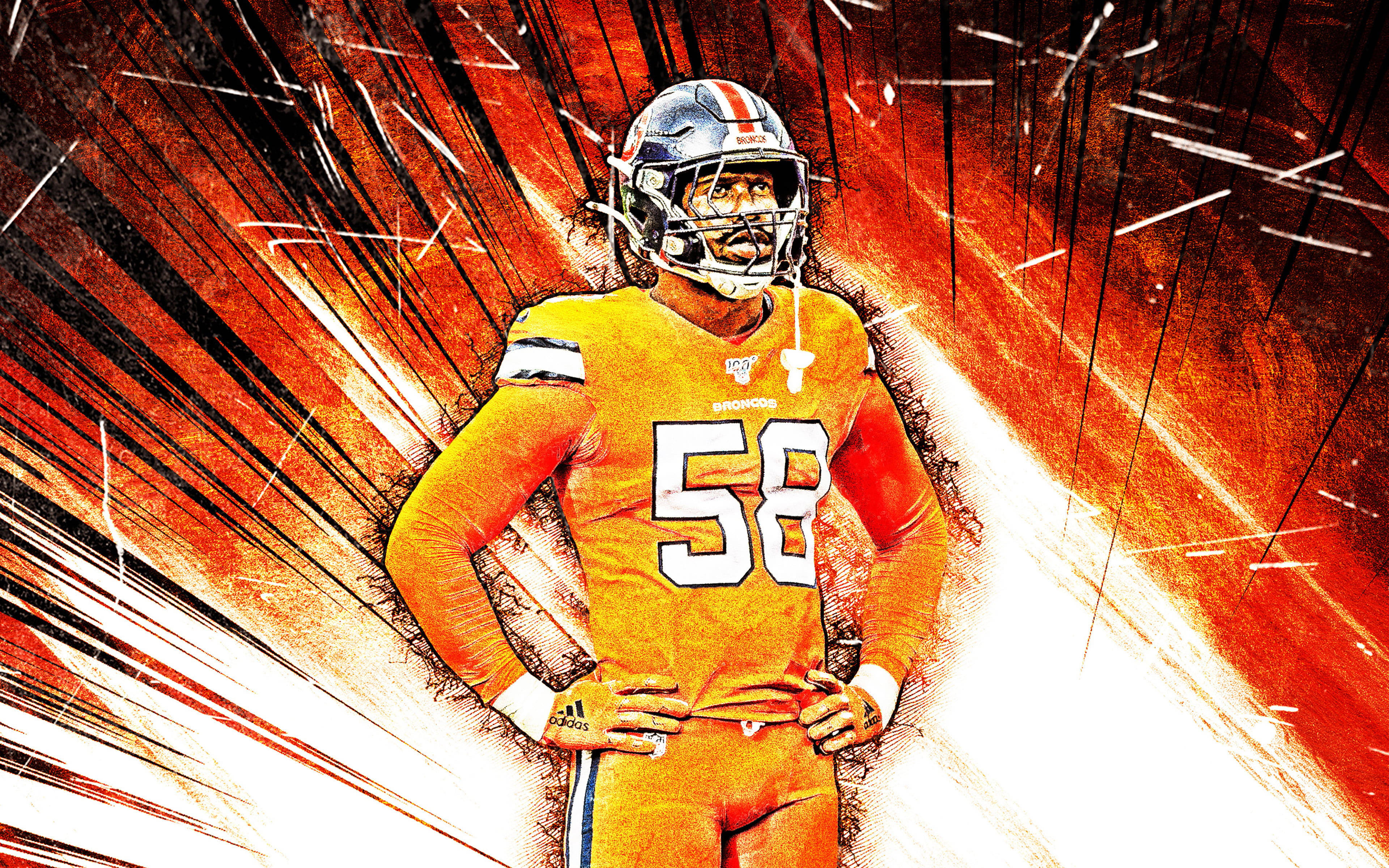 Von Miller, orange jersey number 58, fiery orange and black streaked background, 4K Desktop Wallpaper