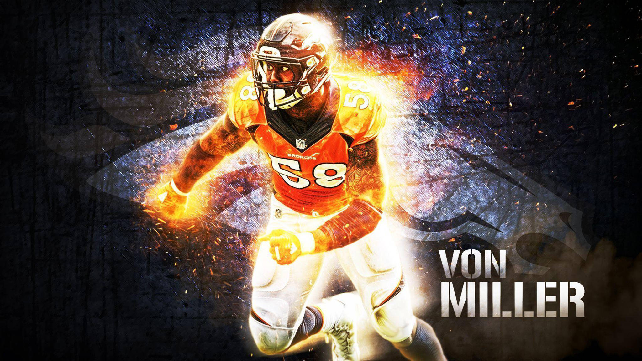 Von Miller, orange jersey, fiery sparks, Full HD Desktop Wallpaper