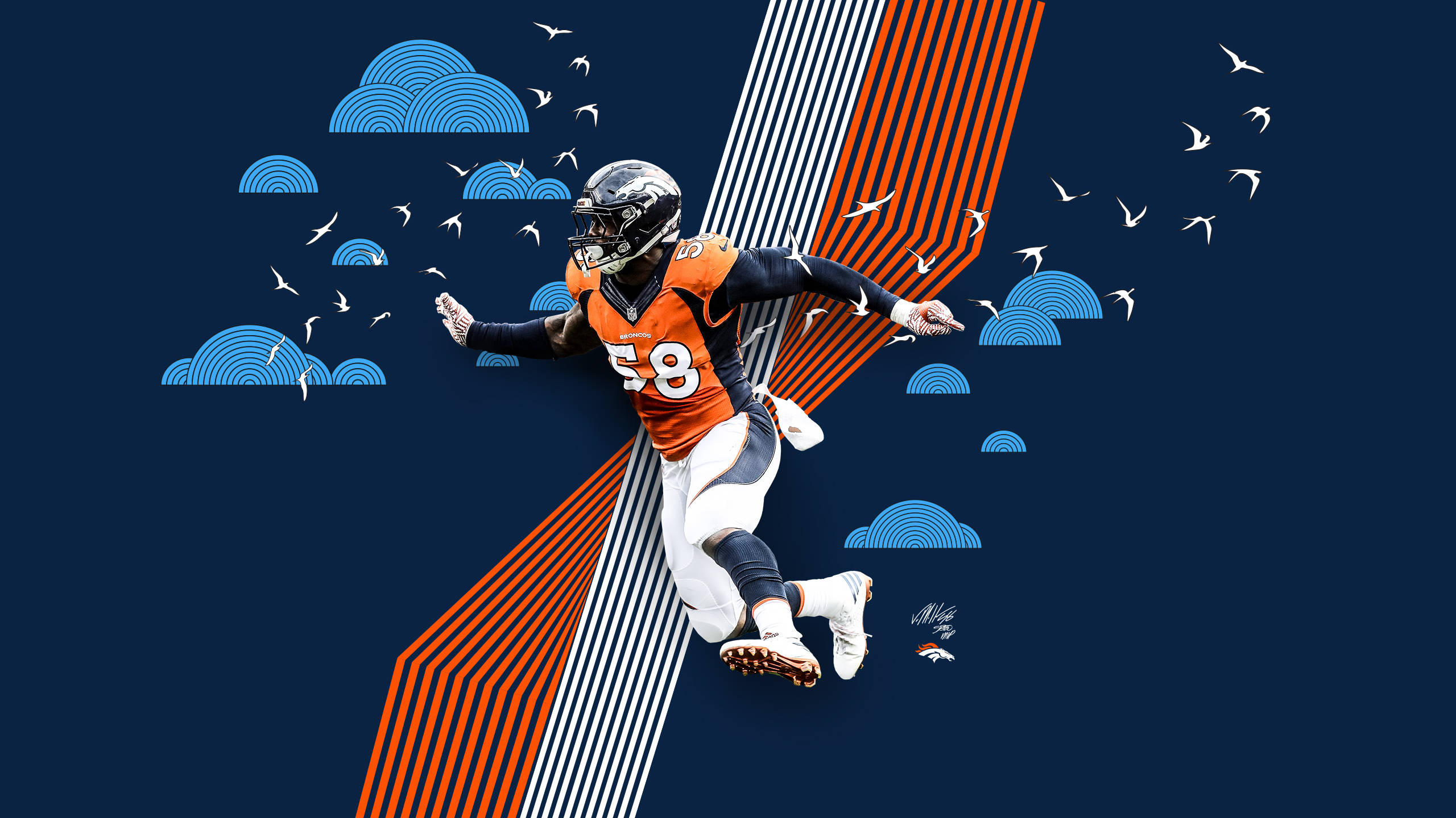Von Miller, orange jersey, blue sky, 2K Desktop Wallpaper