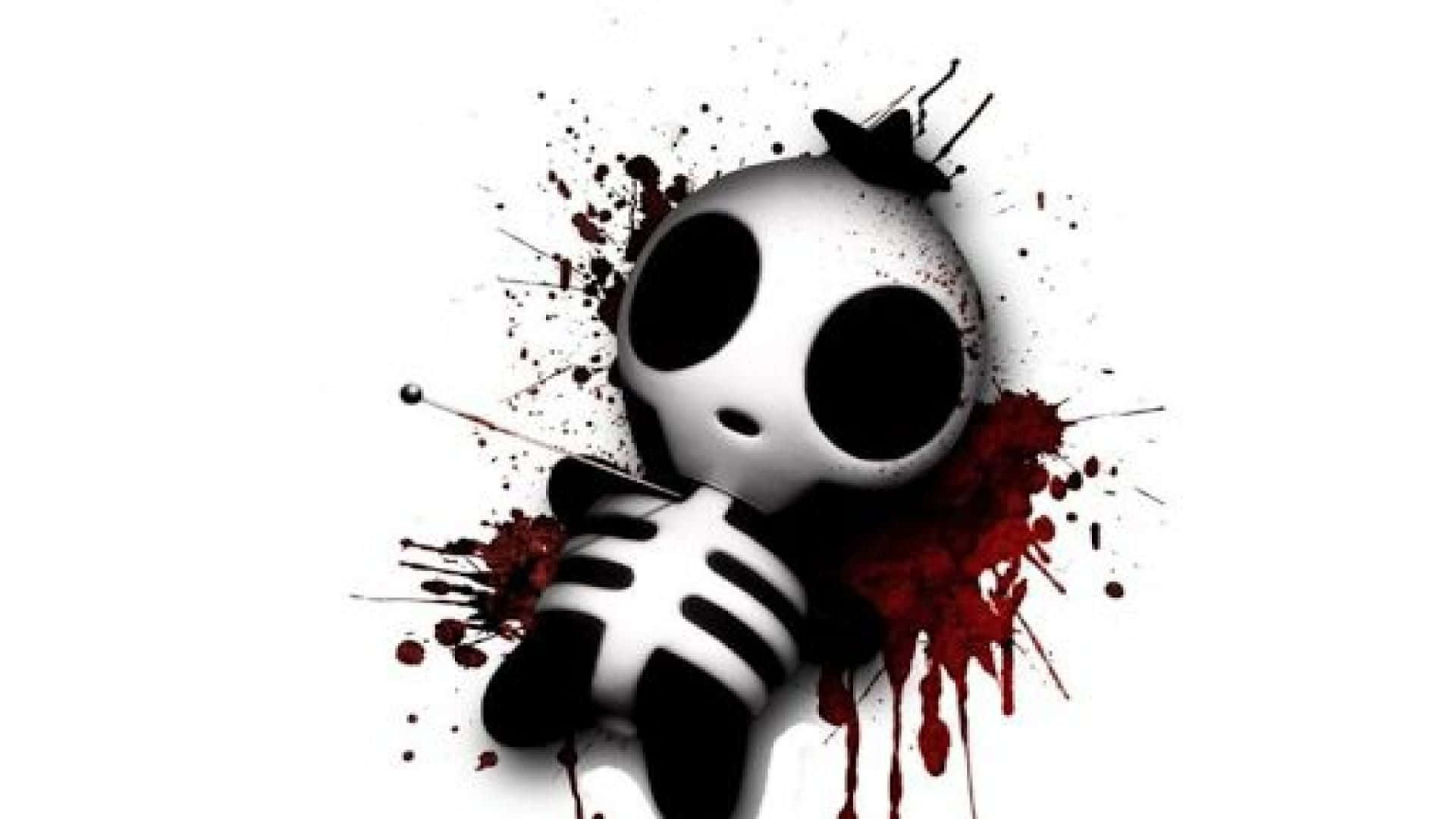 Voodoo Dolls, black and white cartoon skull, red blood splatters, Full HD Desktop Wallpaper
