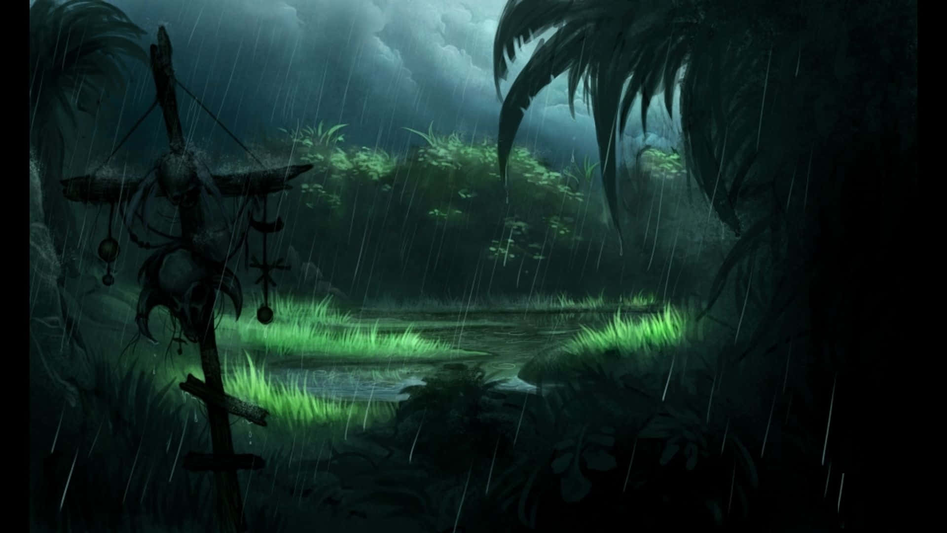 Voodoo Dolls, glowing green grass, hanging cross, Full HD Desktop Wallpaper