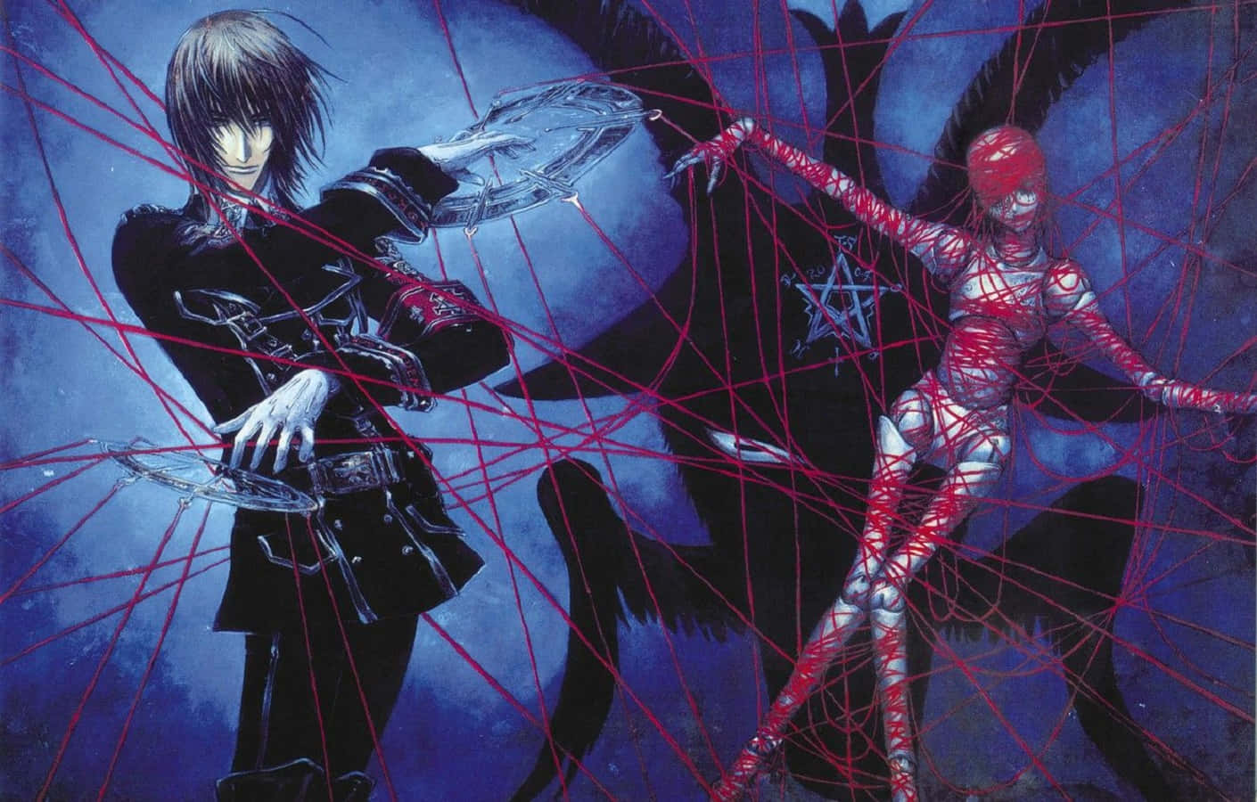 Voodoo Dolls, red threads, dark blue mystical backdrop, HD Desktop Wallpaper