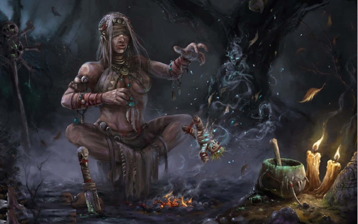 Voodoo dolls, blind witch, dark forest, HD Desktop Wallpaper