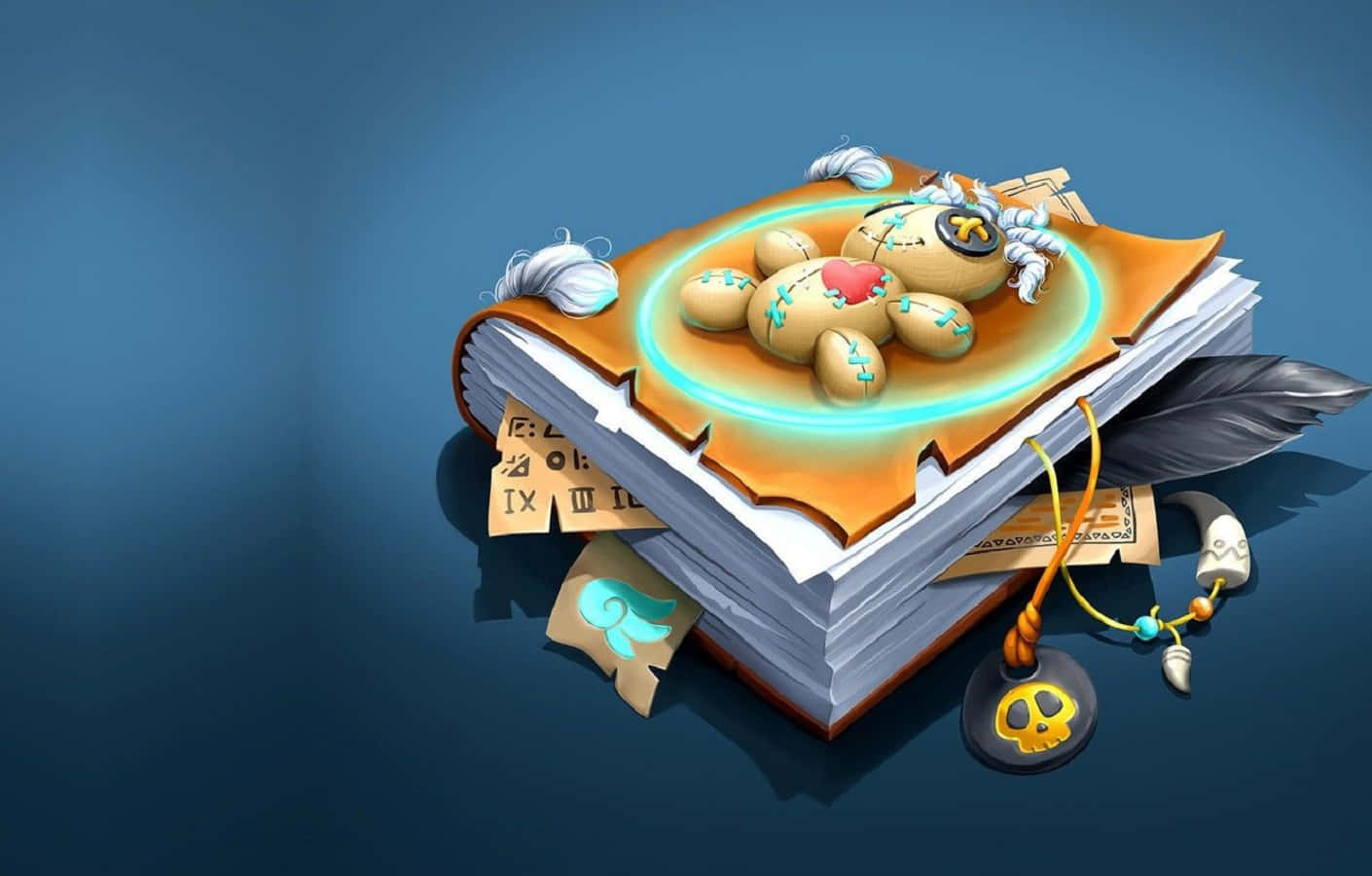 Voodoo Dolls, glowing mystical book, feathers, HD Desktop Wallpaper