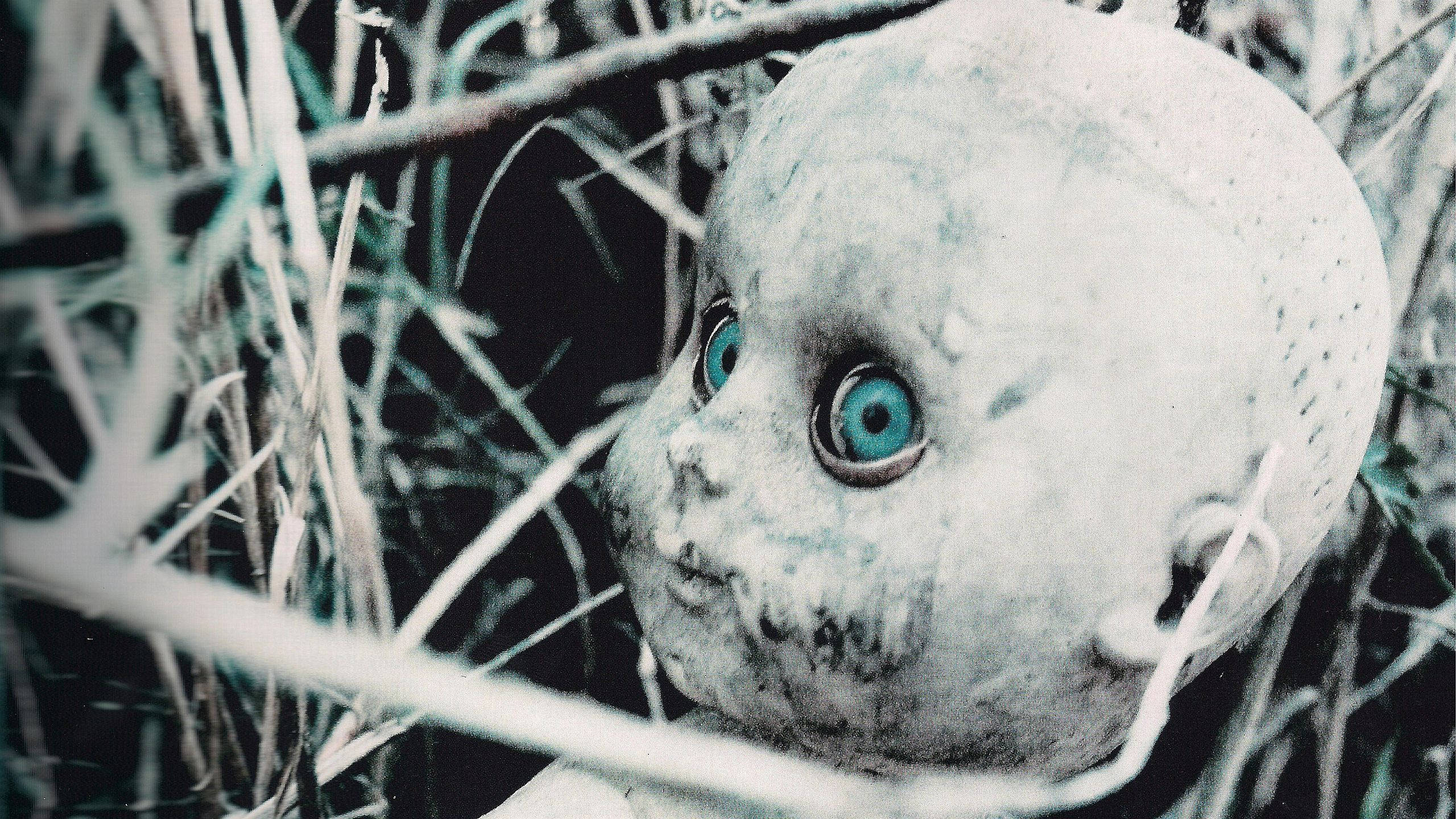 creepy white doll, glowing blue eyes, tangled dry grass, 2K Desktop Wallpaper
