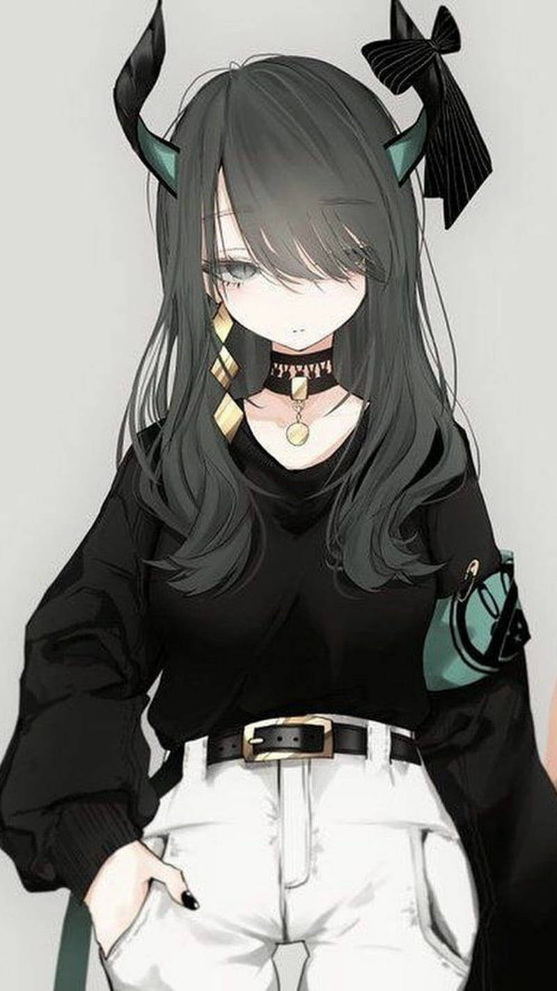 sad demon girl, black horns, bow, HD Phone Wallpaper