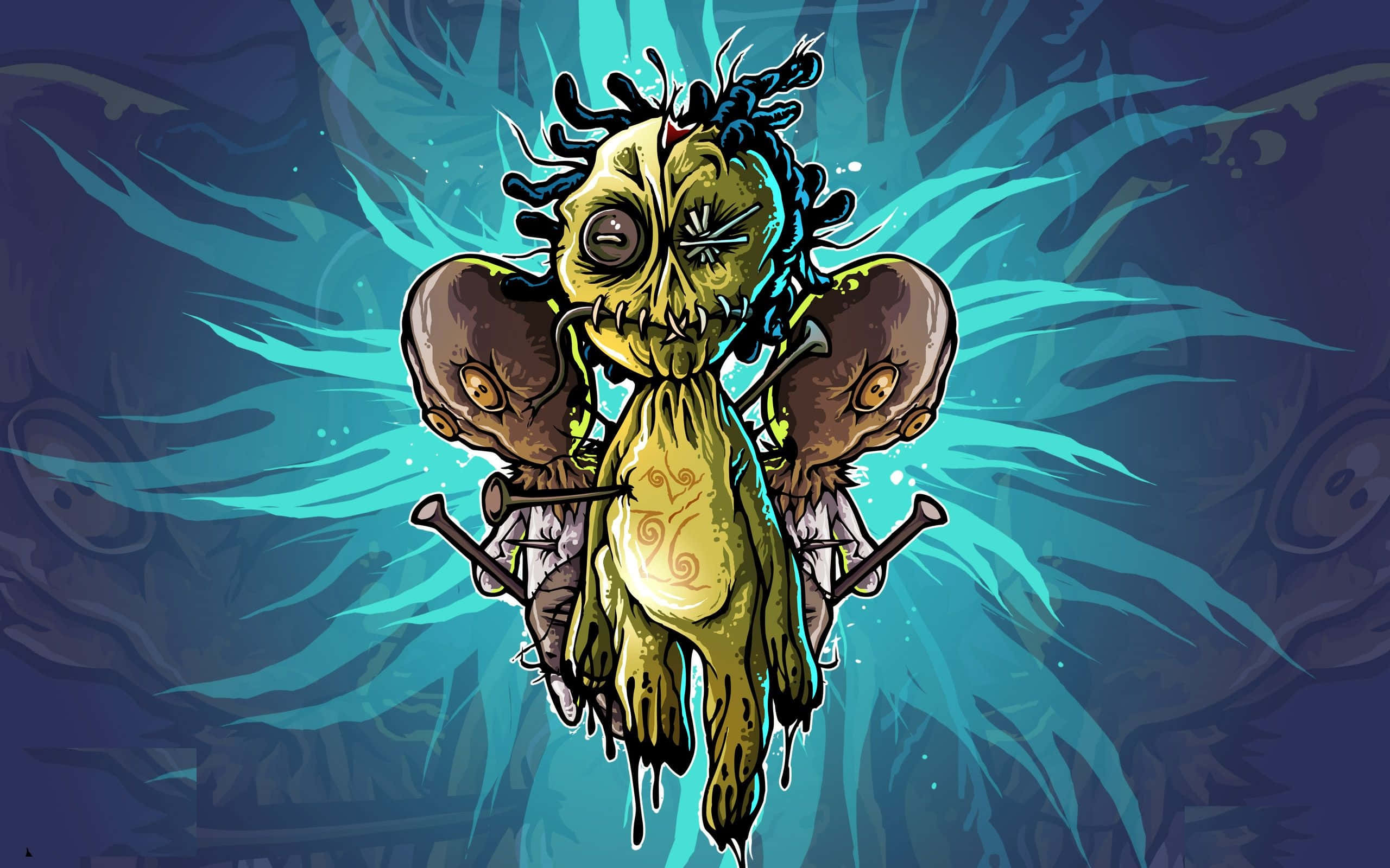 voodoo dolls, grotesque yellow creature, dreadlocks, 2K Desktop Wallpaper