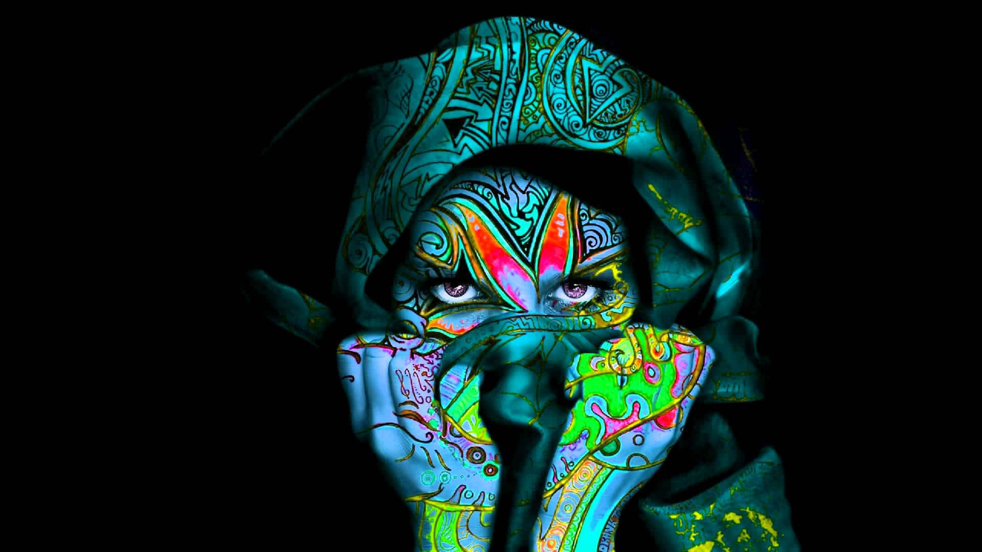Voodoo, neon tribal patterns, black background, Full HD Desktop Wallpaper