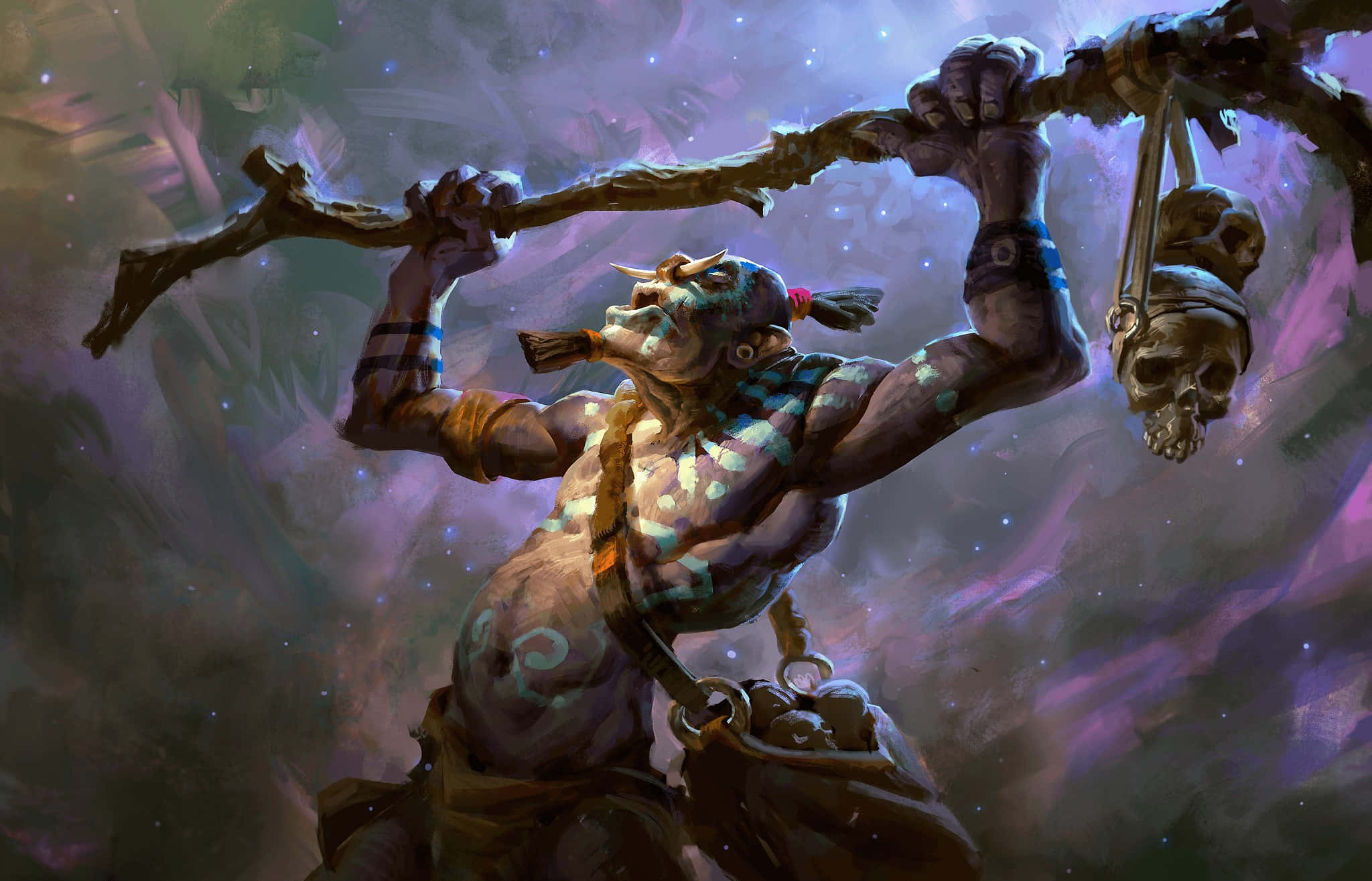 Voodoo 2048 x 1314, cosmic purple nebula, muscular fantasy warrior, Full HD Desktop Wallpaper