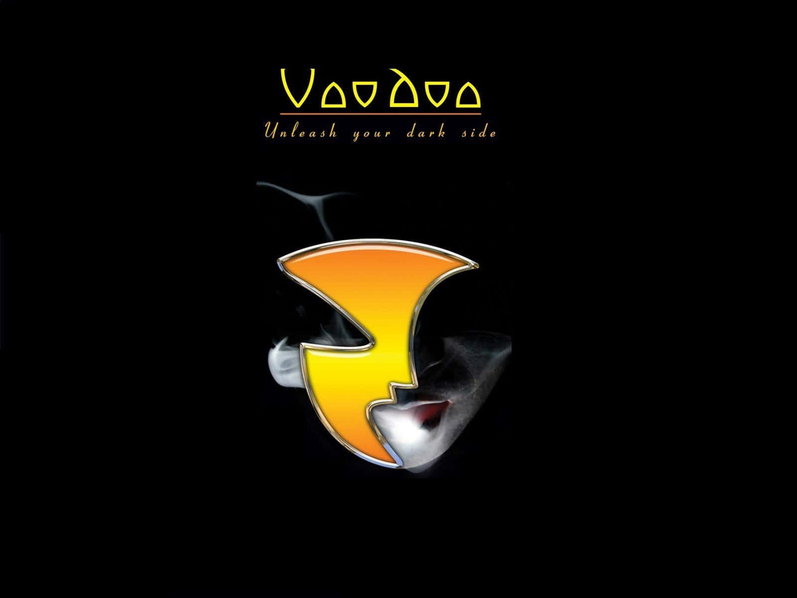 Voodoo, glowing orange and yellow stylized 'V' logo, black background, HD Desktop Wallpaper