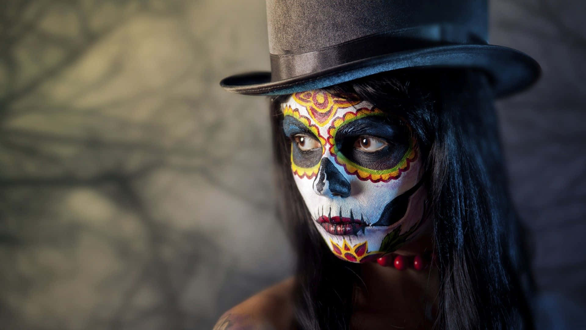 Voodoo, sugar skull makeup, black top hat, Full HD Desktop Wallpaper
