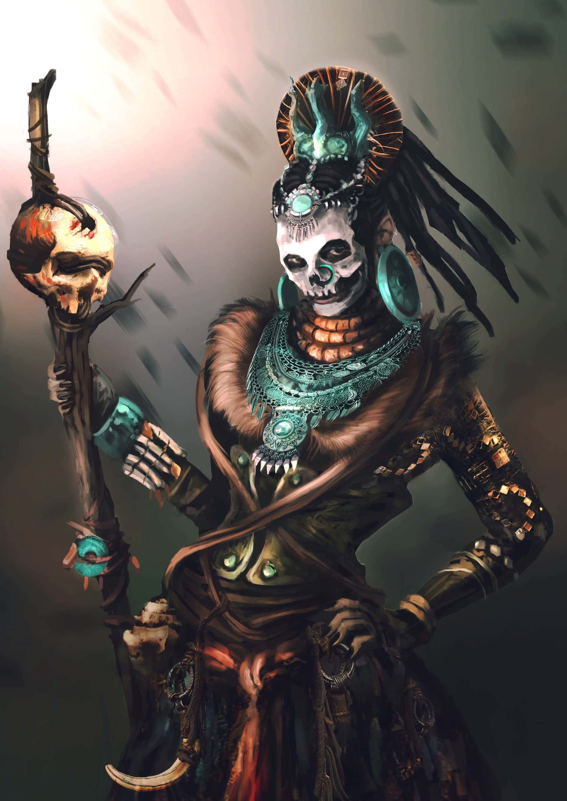 Voodoo, skeletal warrior, ornate turquoise and brown tribal armor, 2K Phone Wallpaper