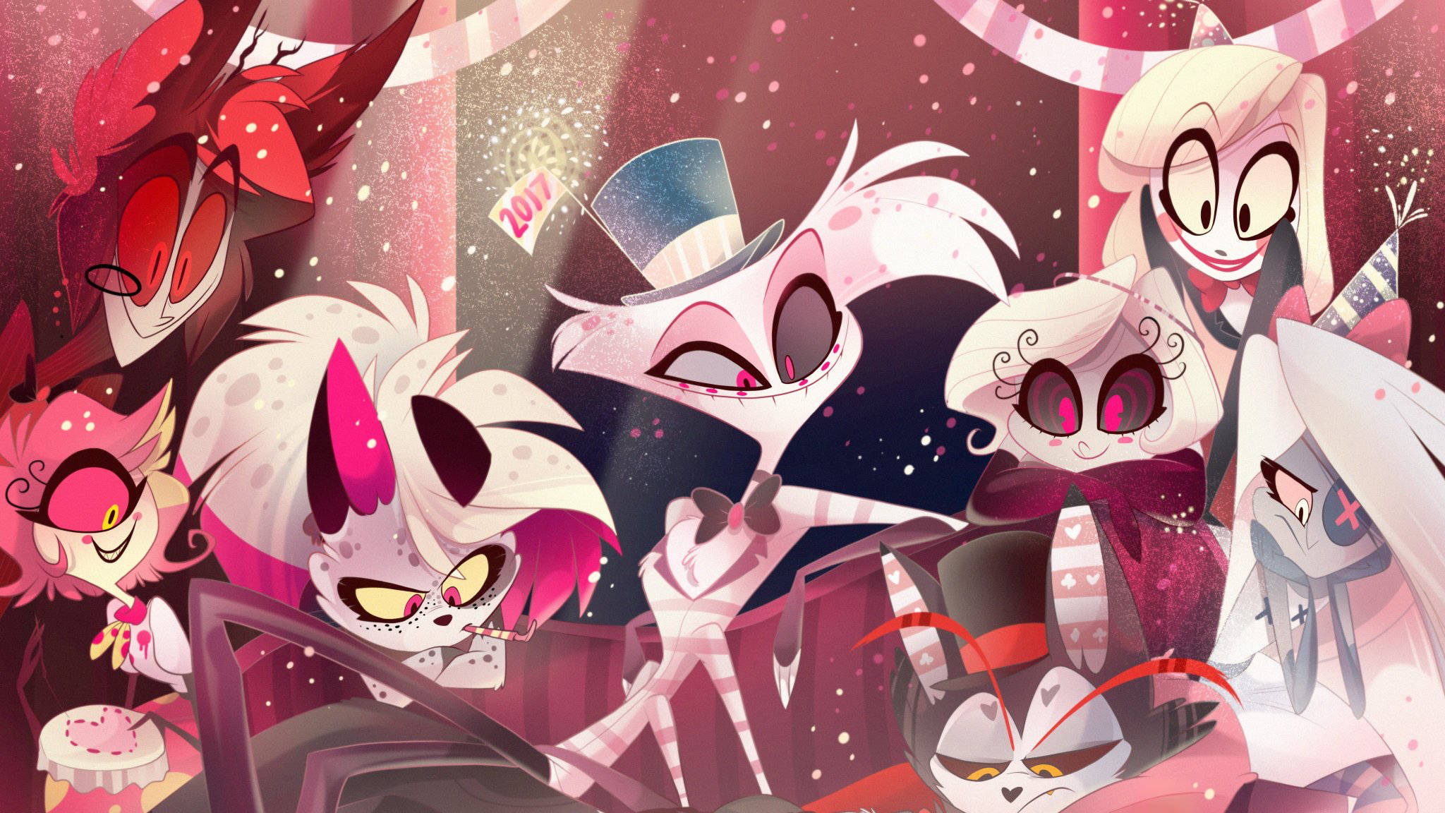 Hazbin Hotel, animated devil characters, party attire, Full HD Desktop Wallpaper