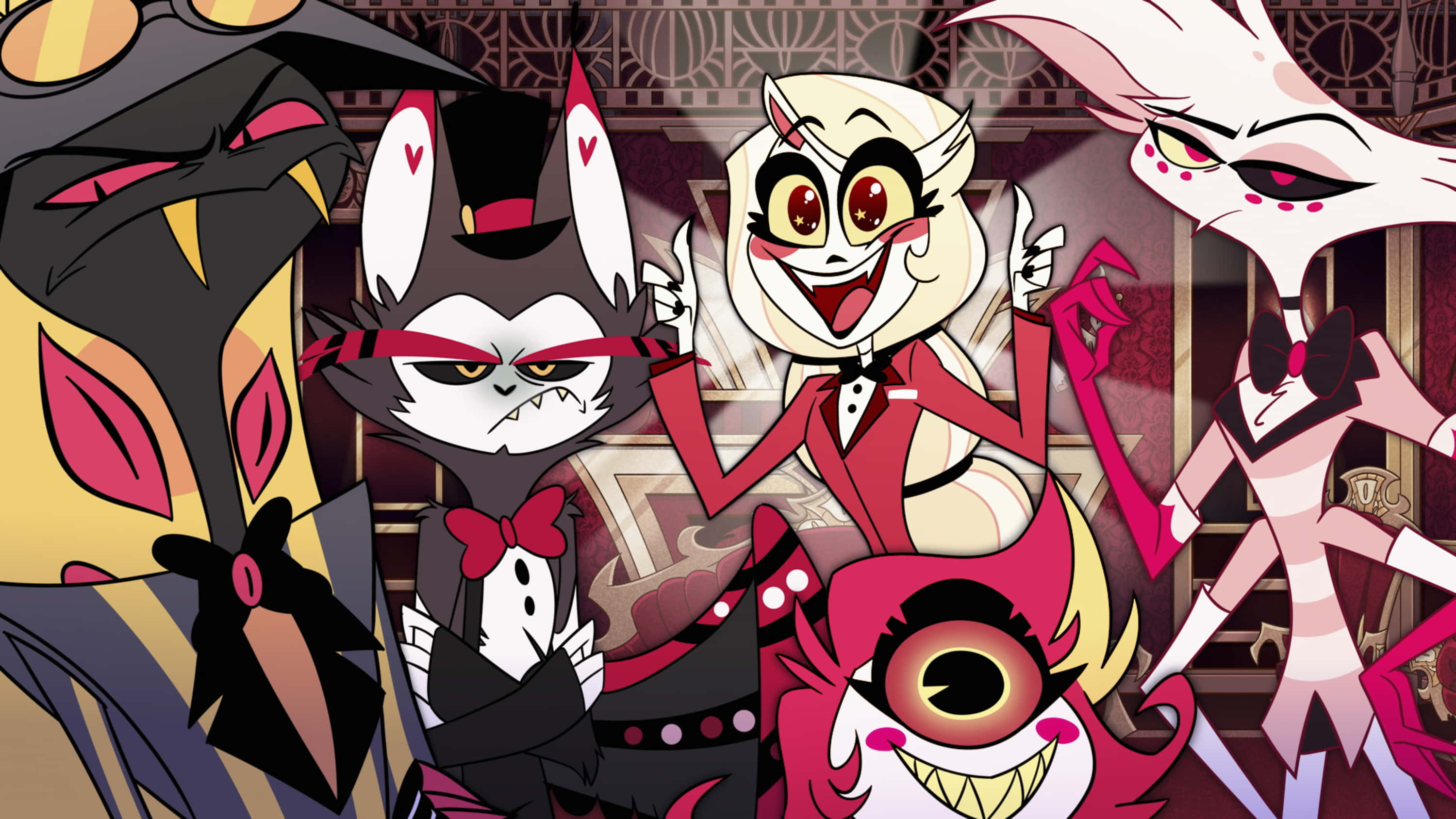 Hazbin Hotel, main characters, gothic backdrop, 2K Desktop Wallpaper