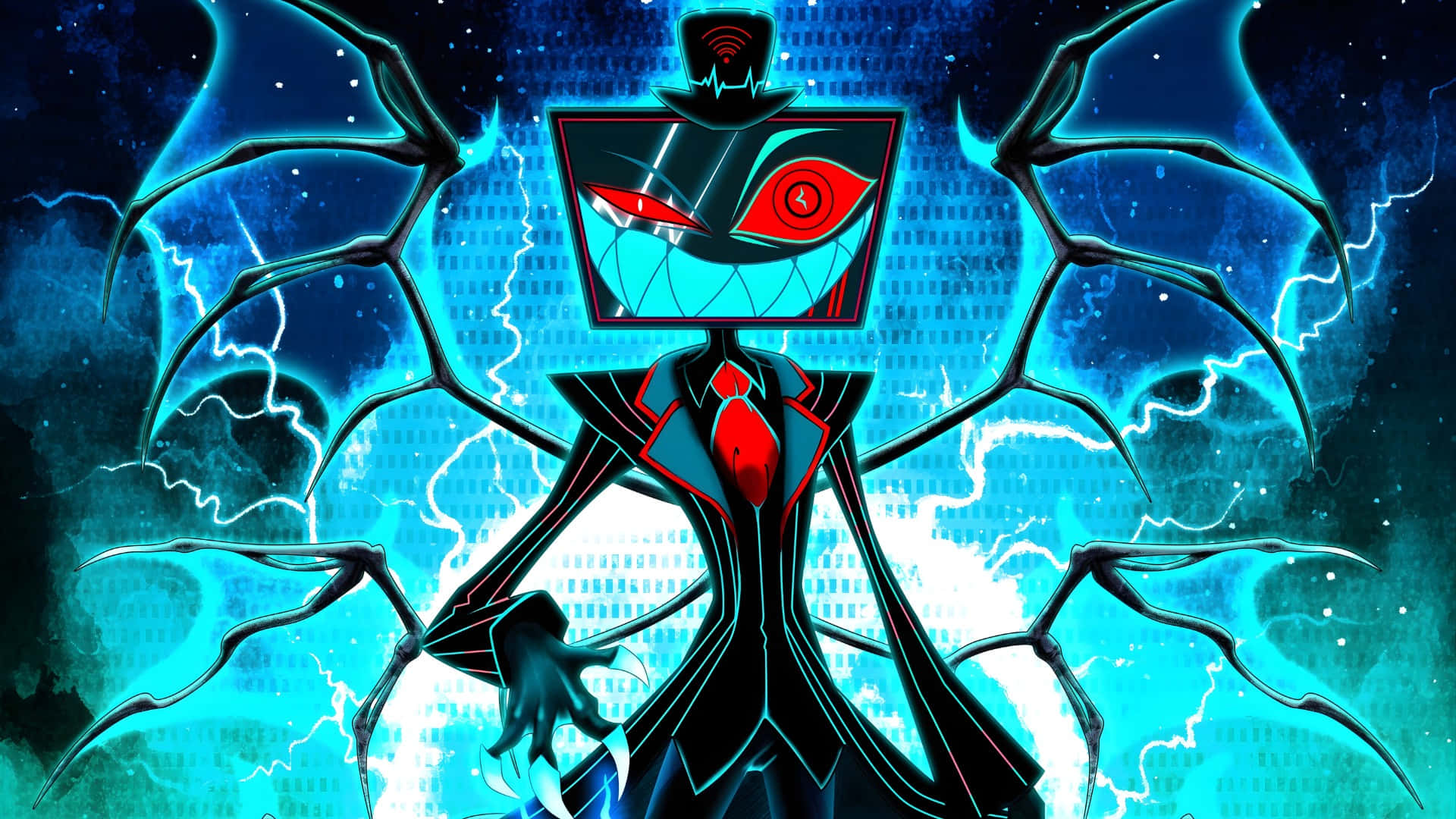 Vox Hazbin Hotel, black humanoid, square head, Full HD Desktop Wallpaper